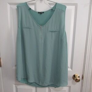 Papermoon Blouse Womens 2X Green Zip V-Neck Mixed Media stitch fix